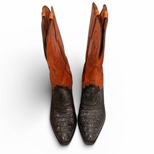 Lucchese Two Tone Leather Cowboy Boots — Burnt Orange & Black.